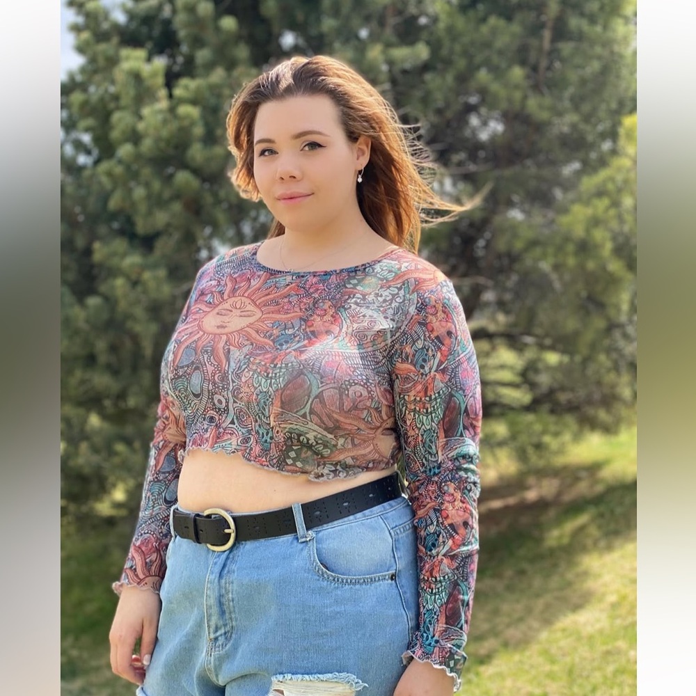 SHEIN Multicolor Sheer Sun & Floral Long-Sleeve Cropped Top